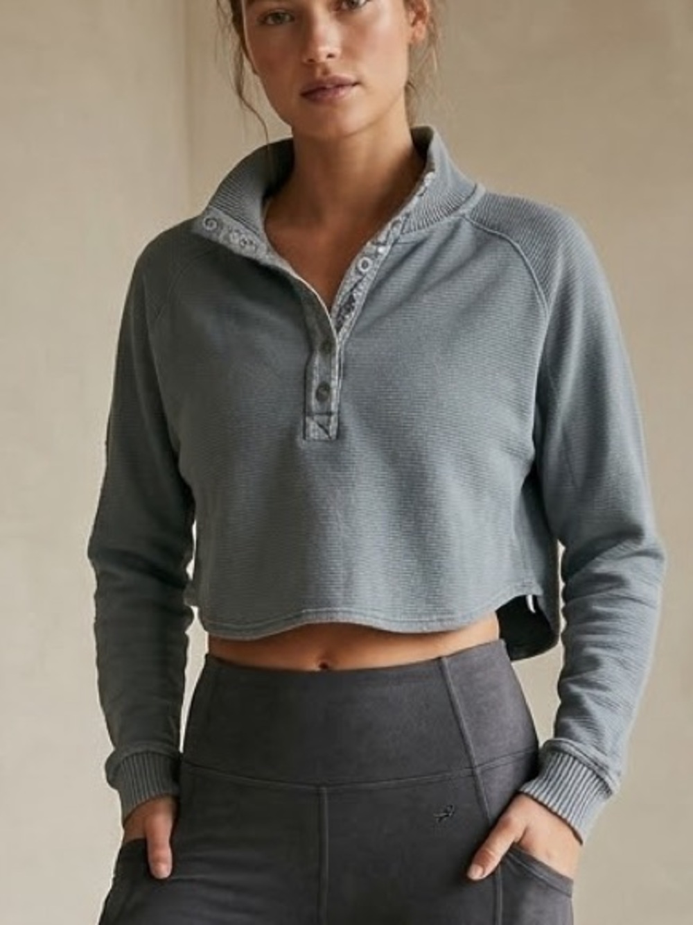 FP Movement So Fly Henley Pullover Sweatshirt Textured Cotton Green/ Gray Medium